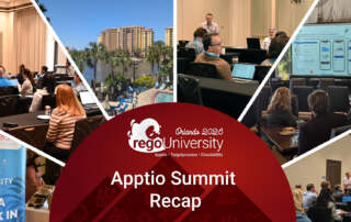 Collage image featuring sessions and networking at the RegoUniversity Orlando 2025 event, including a central banner reading "Orlando 2025 regoUniversity Apptio Summit Recap" with the RegoUniversity logo. Surrounding images show attendees in conference rooms, people engaging in discussions, a display screen with data dashboards, a welcome banner for RegoUniversity Q&A check-in, and an outdoor view of the resort venue with palm trees and a pool.