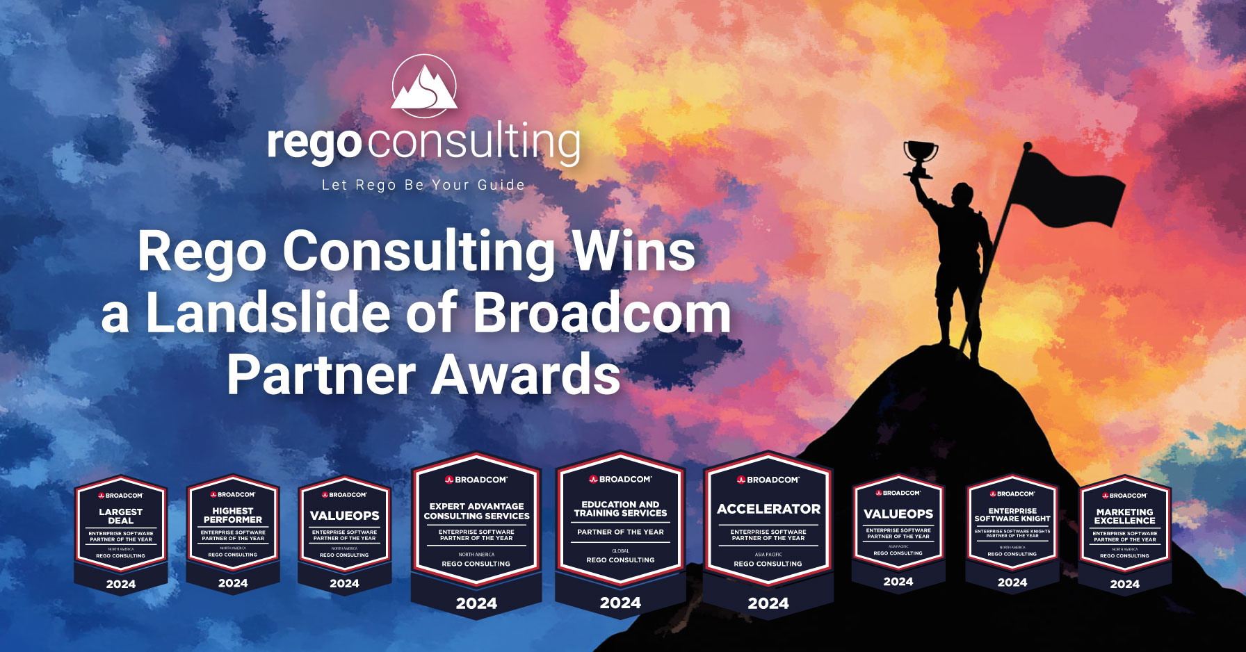 Header Broadcom Awards 2025 Rego Consulting Wins a Landslide of Broadcom Partner Awards – A colorful graphic features a silhouette of a person holding a trophy on a mountaintop, with a flag planted beside them against a vibrant sky of pink, purple, orange, and blue. The Rego Consulting logo appears at the top, along with the text "Let Rego Be Your Guide" and "Rego Consulting Wins a Landslide of Broadcom Partner Awards." Along the bottom, nine 0award badges from Broadcom are displayed, each labeled with a 2024 award title, including Largest Deal, Highest Performing Partner, ValueOps North America, Expert Advanced Consulting Services, Education and Training Services, Accelerator, Enterprise Software Knight, and Marketing Excellence.