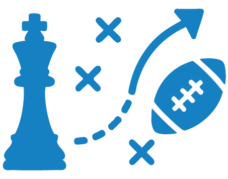 Blue icon with a chess piece and football strategy symbols, including a football and directional arrow, indicating strategy