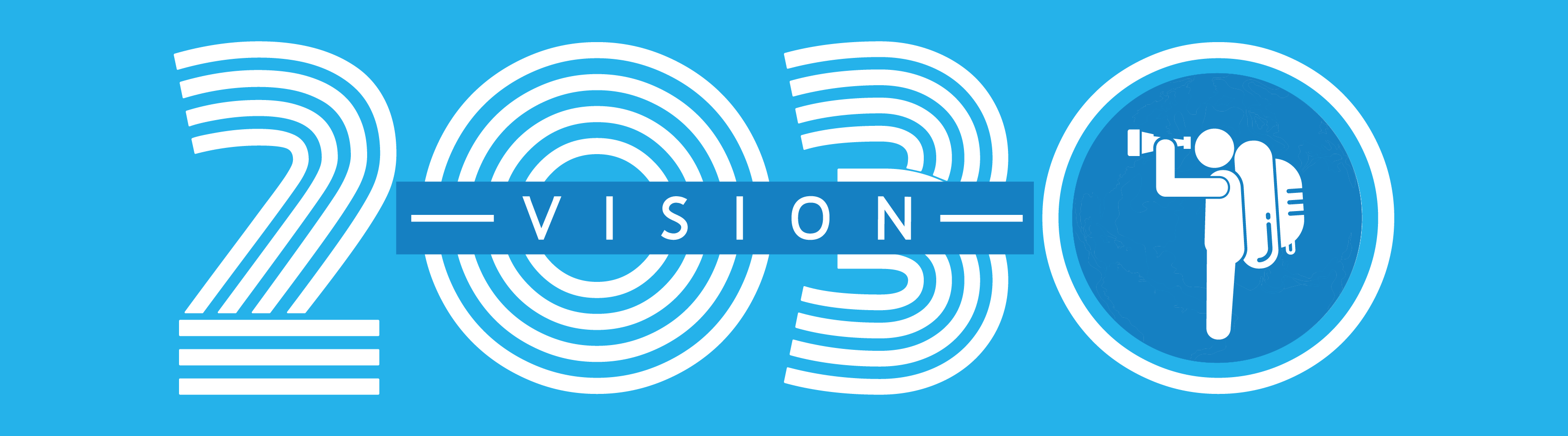 Banner- 2030 Vision-Unlocking SPM Leveraging Clarity for sucess Blue banner graphic with the text “2030 VISION.” The word “VISION” appears in a dark blue horizontal bar across the middle. The “0” in “2030” on the right is replaced with a circular icon of a hiker using binoculars.