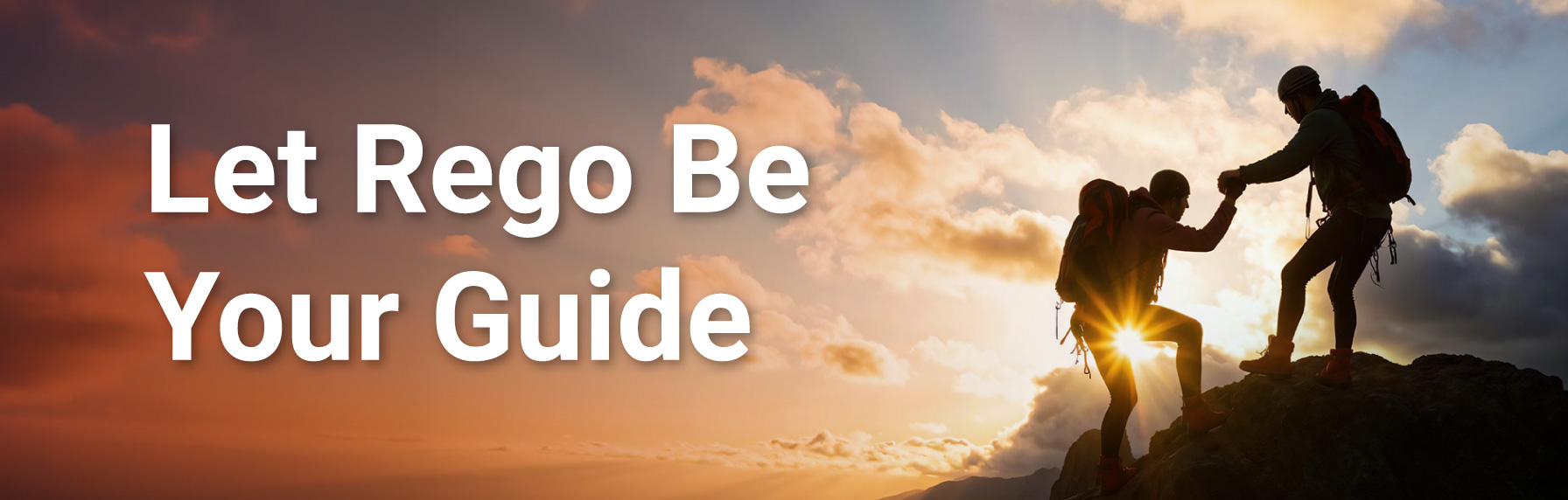 Tales of Horror Footer Two hikers at sunset, one helping the other up a ridge beside text reading “Let Rego be your guide.”