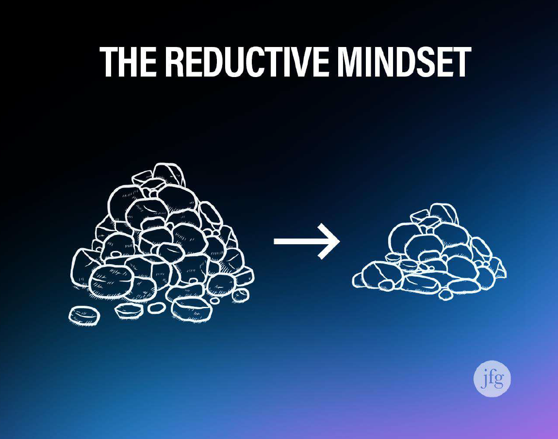 The Reductive Mindset – JFG The reductive mindset showing a large rock pile reduced to a smaller one, proprietary image from Juliet Funt Group.